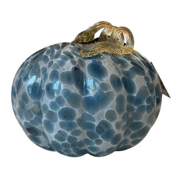 TAHARI Hand Blown Art Glass Pumpkin Blue Spotted Amber Stem Chic Fall Decor NEW - Picture 7 of 16